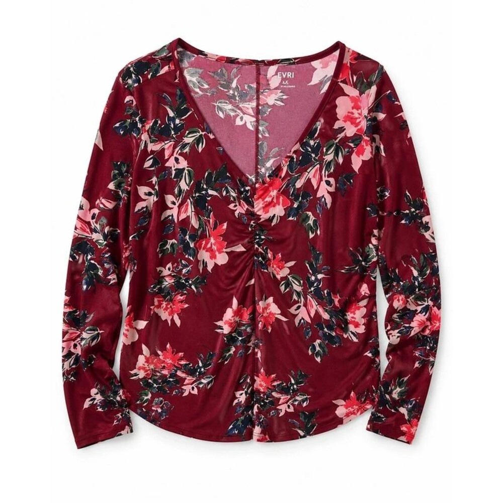 vid156 EVRI Women’s Floral Top 2x Burgundy